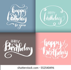 Happy Birthday Brush Script Style Hand lettering set. Retro Vintage Custom Typographic Composition. Calligraphic Phrase. Vector Illustration for greeting card and post card.