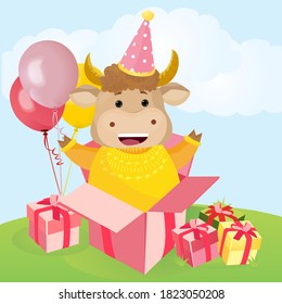 Happy birthday. Bull. Surprise. Vector illustration. 