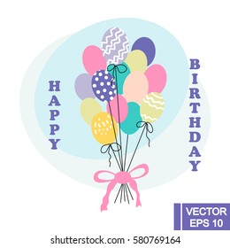 Happy birthday bunch of colorful helium baloons with ribbon. Vector illustration. 