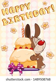 Happy Birthday Bunny Rabbit. Vector Greeting Card. Happy Moment. Congratulation. 