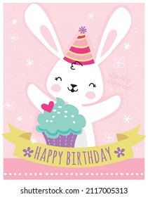 Happy Birthday Bunny. Vector illustration of an adorably sweet bunny rabbit in a party hat.