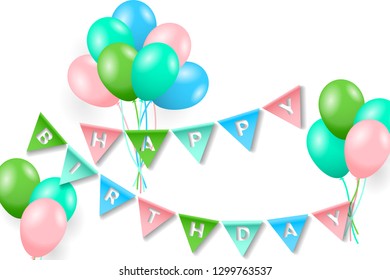 Happy Birthday bunting flags and helium balloons. Design for greeting card, congratulations, invitations. Vector illustration EPS10