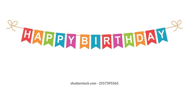 Happy Birthday Bunting Garland, colourful pennants with white letters, banner with inscription, greeting card, vector illustration.