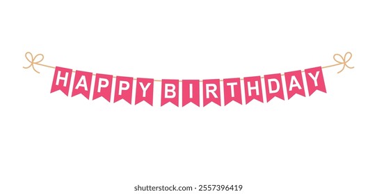 Happy Birthday Bunting Garland, pink  pennants with white letters, banner with inscription, greeting card, vector illustration.