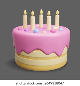 Happy Birthday cake 3D style vector illustration isolated on dark. Yellow biscuit cake with pink sugar icing glaze, colorful confetti and burning candles. Sweet dessert for children birthday party 3D.