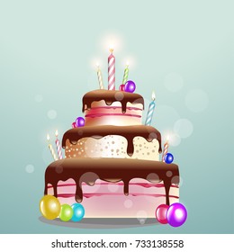 Happy Birthday Cake Background with candles and balloons, vector