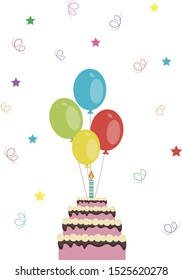Happy birthday. Cake and balloons on a white background among confetti. Vector, festive illustration.