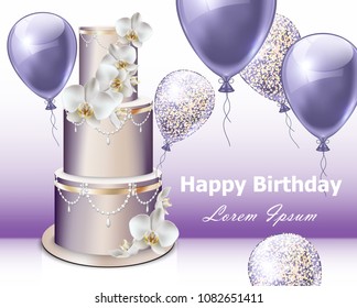 Happy Birthday cake and balloons Vector. Party Invitation gifts background