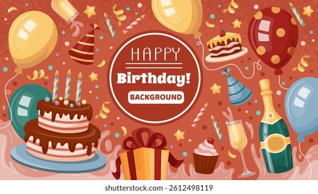 Happy Birthday. Cake banner, celebration background. Congratulations with balloon, confetti, gift. Greeting card design for party. Champagne and dessert. Vector poster template for tidy sale flyer