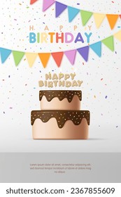 Happy birthday cake banner. Birthday greeting card with 3D cute chocolate cake, candle, colorful flag and ribbon background for kid birthday party, invitation, advertisement. Vector Illustration.