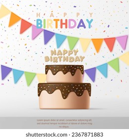 Happy birthday cake banner. Birthday greeting card with 3D cute chocolate cake, candle, colorful flag and ribbon background for kid birthday party, invitation, advertisement. Vector Illustration.