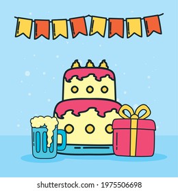 happy birthday cake beer and gift