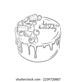Happy birthday cake with blueberry, cookies, strawberry, and chocolate glaze in black. Hand drawn vector sketch illustration in doodle engraved vintage outline style. Birthday gift, greetings.