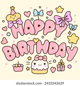 Happy birthday with cake and bow decorate cute hand drawn style