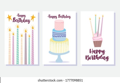 happy birthday, cake burning candles cupcake cartoon celebration decoration card vector illustration