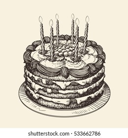Happy Birthday. Cake with burning candles. Sketch vector illustration