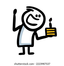 Happy birthday cake with candle and glad doodle character for congratulations. Vector illustration of party decor in childish simple style.