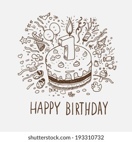 Happy Birthday Cake With Candle Number One, Doodle Illustration 