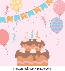happy birthday cake with candles balloons bunting flags celebration decoration vector illustration