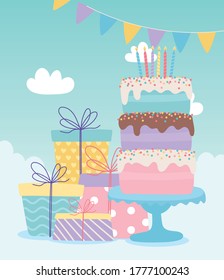 happy birthday, cake with candles and gift boxes celebration decoration cartoon vector illustration