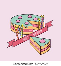 Happy Birthday Cake with Candles and Ribbon Colored