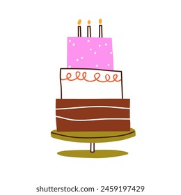 Happy birthday cake with candles. Tiered sweet dessert, sugar food. Holiday dish on plate. Festive layered confectionery with decoration. Flat vector illustration isolated on white background