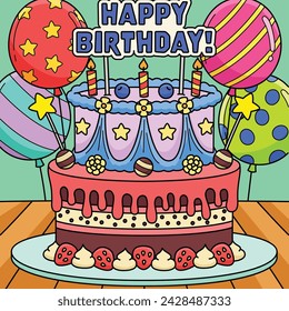 Happy Birthday Cake Colored Cartoon Illustration