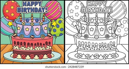 Happy Birthday Cake Coloring Page Illustration