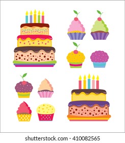 Happy birthday cake and cupcakes. Vector illustration