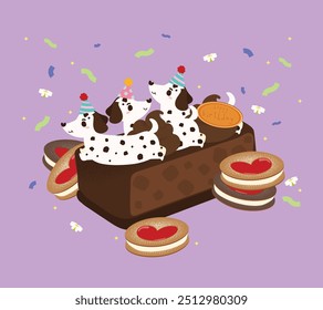 Happy birthday cake with cute dalmatian puppy dog, flat and colorful illustration.