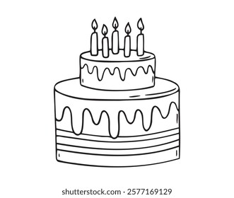 happy birthday cake doodle hand drawn icon. Outline drawing birthday cake with candles line clipart symbol. Vector illustration