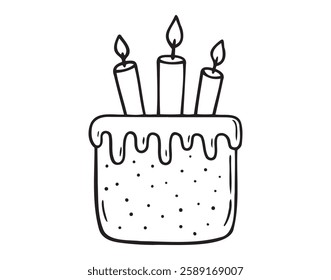 happy birthday cake doodle hand drawn icon. Outline drawing birthday cake with candles line clipart symbol. Vector illustration