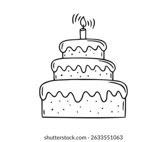 happy birthday cake doodle hand drawn icon. Outline drawing birthday cake with candles line clipart symbol. Vector illustration