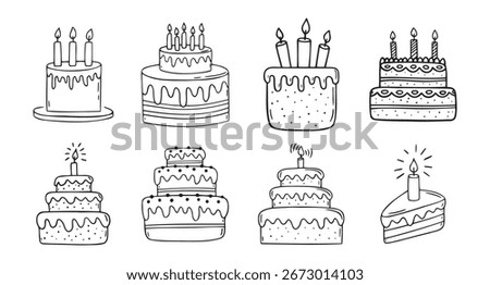 happy birthday cake doodle hand drawn icon set. Outline drawing birthday cake with candles line clipart symbol. Vector illustration