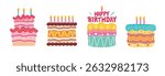 Happy birthday cake elements clipart set. Birthday colorful cake clip art collection with candle and assorted flavor doodle design for wedding and anniversary hand drawn icon vector illustration.
