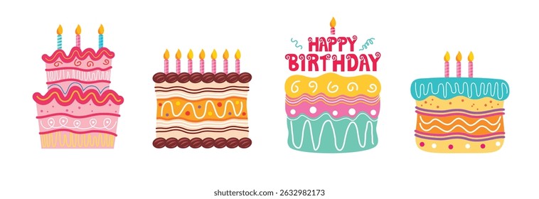 Happy birthday cake elements clipart set. Birthday colorful cake clip art collection with candle and assorted flavor doodle design for wedding and anniversary hand drawn icon vector illustration.
