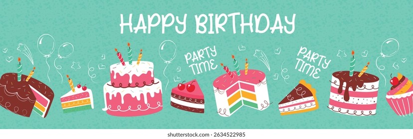 Happy birthday cake elements clipart set. Birthday cupcake in slice, whole and layered drawing elements clip art collection in green texture doodle background delicious dessert vector illustration.
