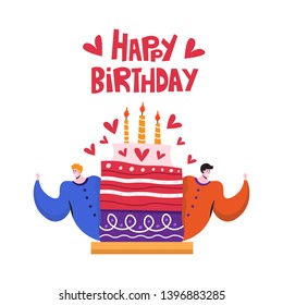 Happy Birthday cake and fathers vector handdrawn illustration and lettering. Greeting card, banner, poster design element on the white background.	