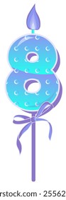 Happy Birthday cake font with blue candle. eight year, symbol of number anniversary. Quinceanera girl party decor. Cartoon vector illustration