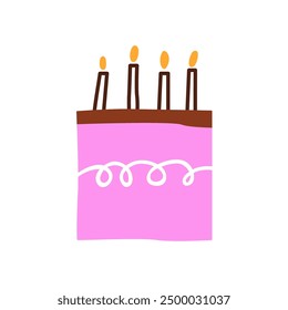 Pastel de cumpleaños feliz con cuatro velas. Dulce postre festivo para la celebración del cumpleaños. Confitería de fiesta Festiva en estilo doodle moderno. Ilustración vectorial gráfica plana aislada sobre fondo blanco