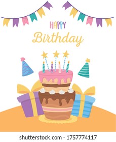 happy birthday, cake gift boxes party hats buntings decoration celebration vector illustration