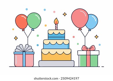 happy birthday cake with gift boxes balloons vector art on white background