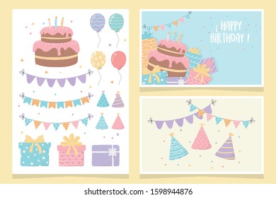 happy birthday cake gifts balloons pennants party decoration cards vector illustration