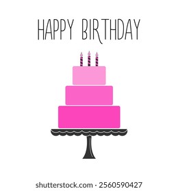 Happy Birthday cake. It's a girl. Layered cake. Pink Birthday greeting card with cute cake and candle. Banner, flyer, advertising template. Delicious dessert food. Flat design. White background Vector