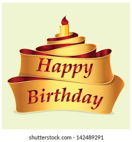 Happy birthday cake and gold ribbon. Birthday cake. Vector Illustration.