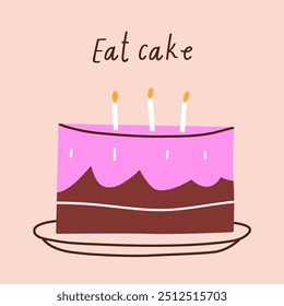 Happy birthday cake, greeting b-day design. Festive postcard. Sweet dessert, confection decorated with candles for bday holiday party celebration. Modern trendy square flat vector illustration