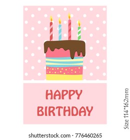 Happy birthday cake greeting card on a pink background. Vector illustration.