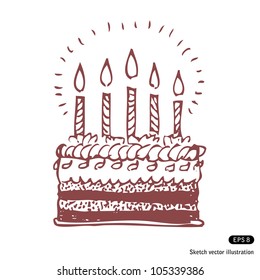 Happy Birthday Cake. Hand Drawn Sketch Illustration Isolated On White Background