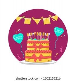 Happy birthday cake with heart balloon and flag decoration, flat design