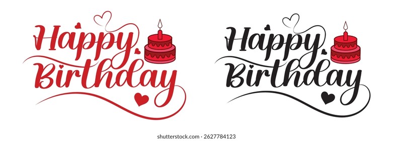 Happy Birthday Cake Heart Script Text Design Graphic on white background
